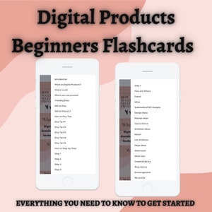 May include: Two digital flashcards with a pink background. The left card has the title "Introduction" and lists information about digital products, including where to sell them and how to promote them. The right card has the title "Step 7" and lists information about how to create and sell digital products on Etsy, including tips for creating Canva designs, sublimation designs, and planner ideas.