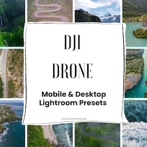 Könnte beinhalten: Eine Collage aus Luftaufnahmen, die mit einer Drohne aufgenommen wurden und malerische Landschaften zeigen, darunter kurvenreiche Straßen, üppige Wälder und einen See mit einer kleinen Insel. Der Text "DJI DRONE Mobile & Desktop Lightroom Presets" ist in der Mitte des Bildes zu sehen.