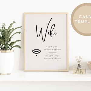 Puede incluir: Un cartel de WiFi imprimible con un diseño en blanco y negro. El cartel dice "Wifi" en una fuente cursiva con un símbolo de wifi y el texto "Red: yournetworkhere" y "Contraseña: yournetworkhere".
