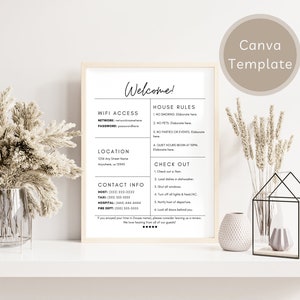 Könnte beinhalten: Ein druckbares Willkommenszeichen für Gäste mit Informationen über WLAN-Zugang, Hausordnung, Standort und Kontaktinformationen. Das Schild hat ein minimalistisches Schwarzweiß-Design mit einer handschriftlichen Schriftart.