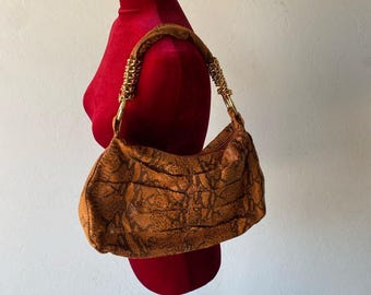 Snakeprint orange all handbag purse accessory with ruched and gold chain detail