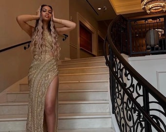 Jovani Gold Embellished one shoulder Evening Maxi Formal Gown with High Slit