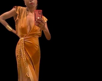 Misa Los Angeles mustard yellow color short sleeve wrap dress