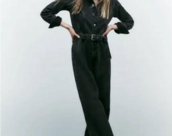 Zara black grayish long sleeve denim jean romper boiler suit playsuit jumper