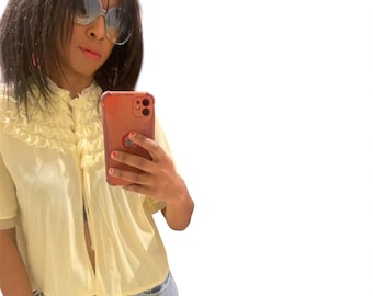 Vintage Yellow Ruffle-Front Women's Blouse
