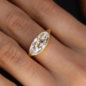 Vintage 2.54CT Moval Cut Moissanite Ring 14K Yellow Gold Signet OMC Solitaire, Engagement Ring 1.8MM Band Unique Gift
