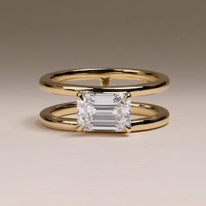 2.5CT 14K Yellow Gold Solitaire Ring with Dual Shank East West Emerald Cut Moissanite Engagement Ring Weding Anniversary Gift for Her