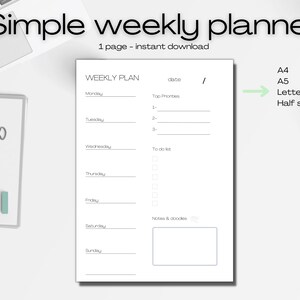 Simple Weekly Planner, Week at a Glance, Weekly to do list, Weekly Agenda, Weekly Organizer, Weekly Goal Planner