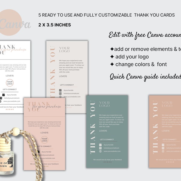 Car Diffuser Care Card, Canva Template Digital Download Bundle, Car Air Freshner Small Business Thank You Card, Candle Business Bundle