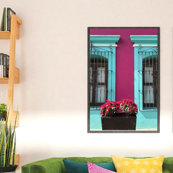 Pink Wall In Oaxaca, Mexico - Turquoise Windows - Mexico Photography Wall Art -  Mexico Poster Home Decor - Pink Mexico Street Wall Art