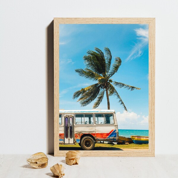 Jamaica Landscape Bus Wall Art - Digital Download Home Decor - Jamaica Travel Photography Poster - Colorful Bus Beach Wall Art - Palms Art