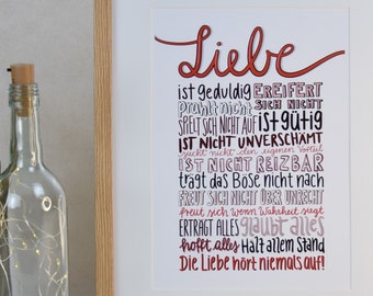 Poster | Liebe | 1.Korinther 13 | DinA3/A4 | Hochzeitsgeschenk | Verlobung | christliche Wanddekoration | Handlettering | Bibelvers