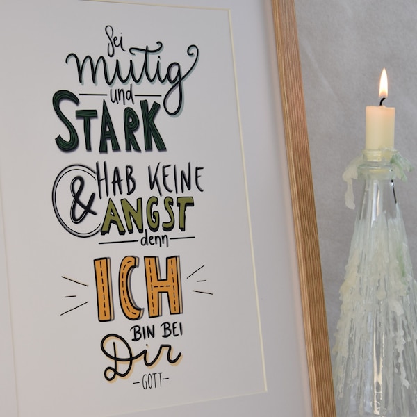 Poster | Mutig und stark | DinA4/A3/A2 | Josua 1,9 | Taufspruch | Konfirmation | christliche Wanddeko | Ermutigung | Handlettering