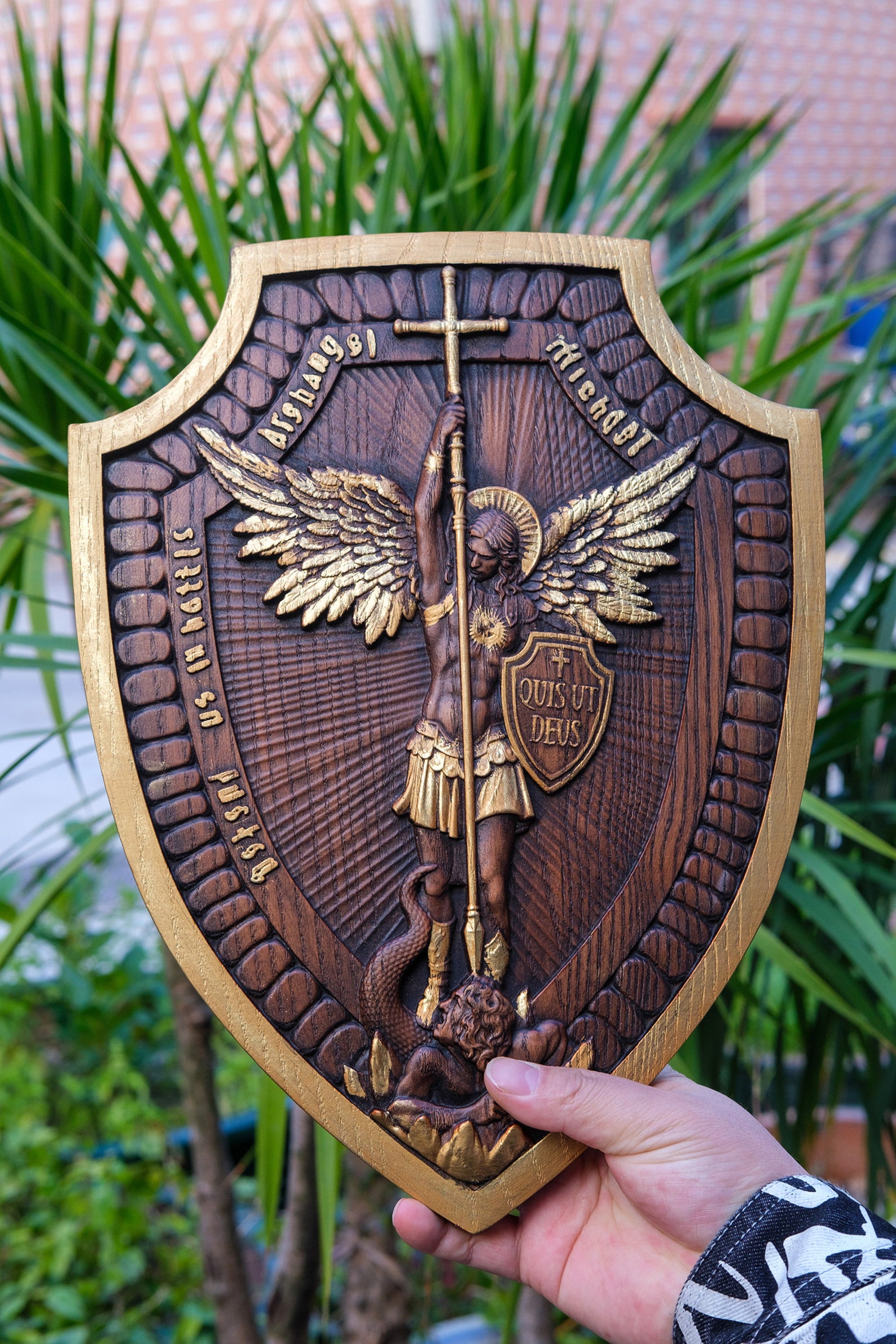 Shield Archangel Michael Wall Mount Religious Wood Sculpture Etsy