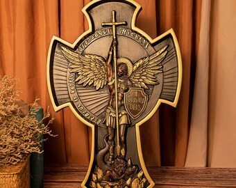 Archangel Michael Cross, Guardian Archangel, Solid Wood Sculpture, Christian Icon, Religious Home Wall Decor, Wall Art, Gift for Him