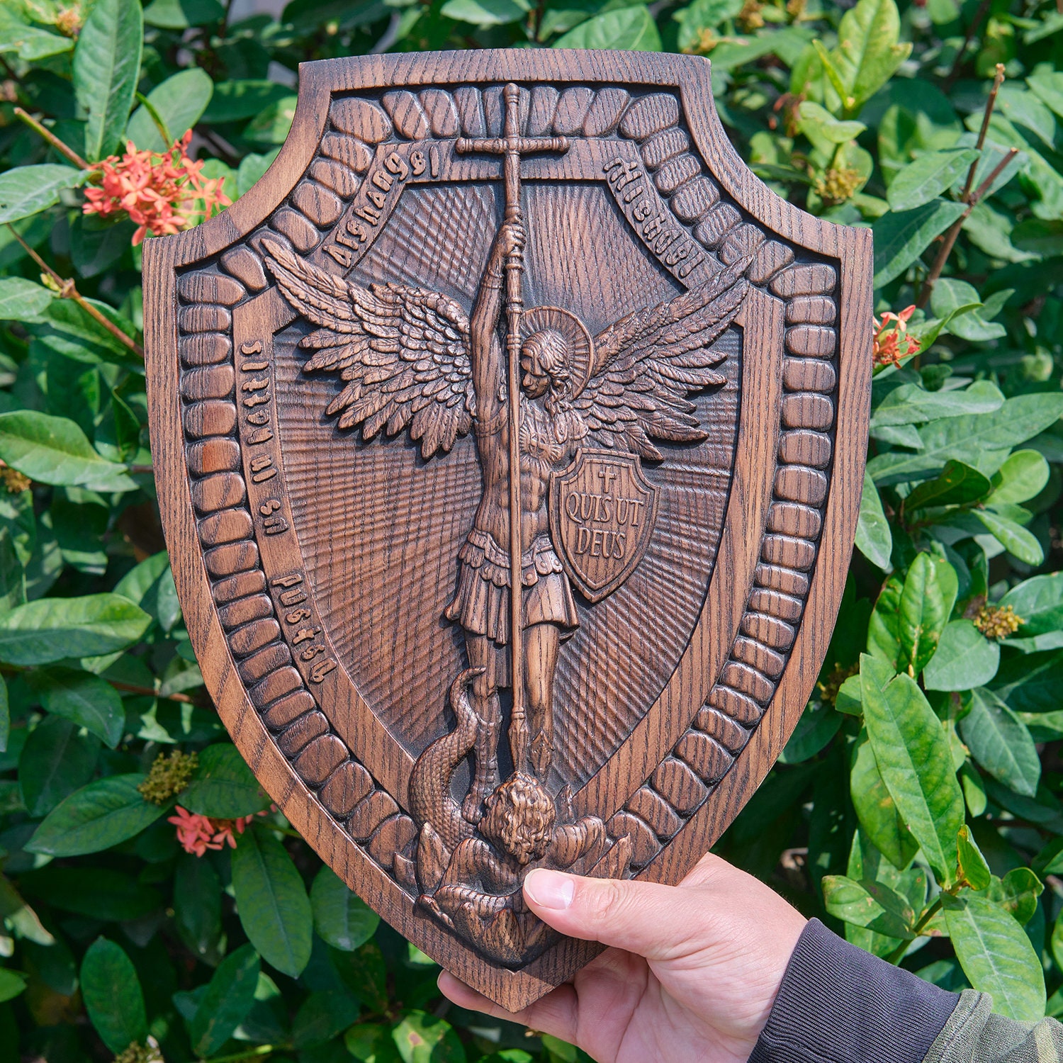 Shield Archangel Michael Wall Mount Religious Wood Sculpture Etsy