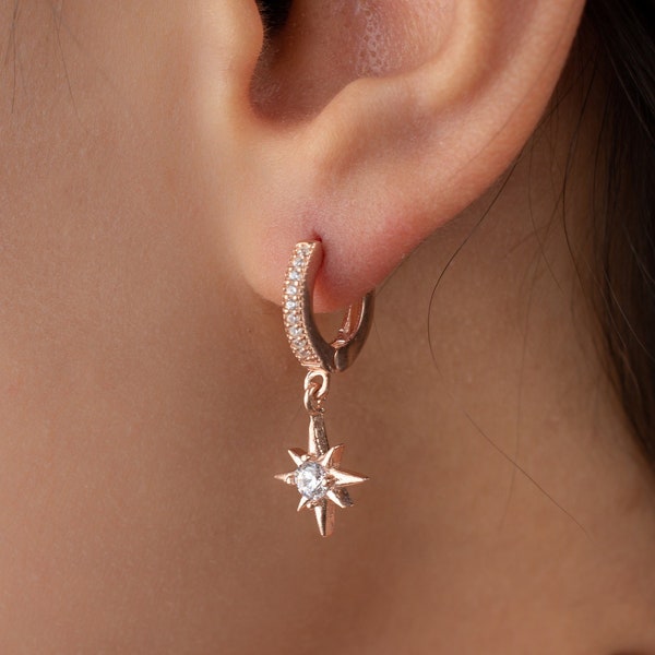 North Star and Zircon Dangle Star Earrings | 925 Sterling Silver | Celestial Dangle Earring | Zircon Stone Pole Star Earrings | Gift For Her