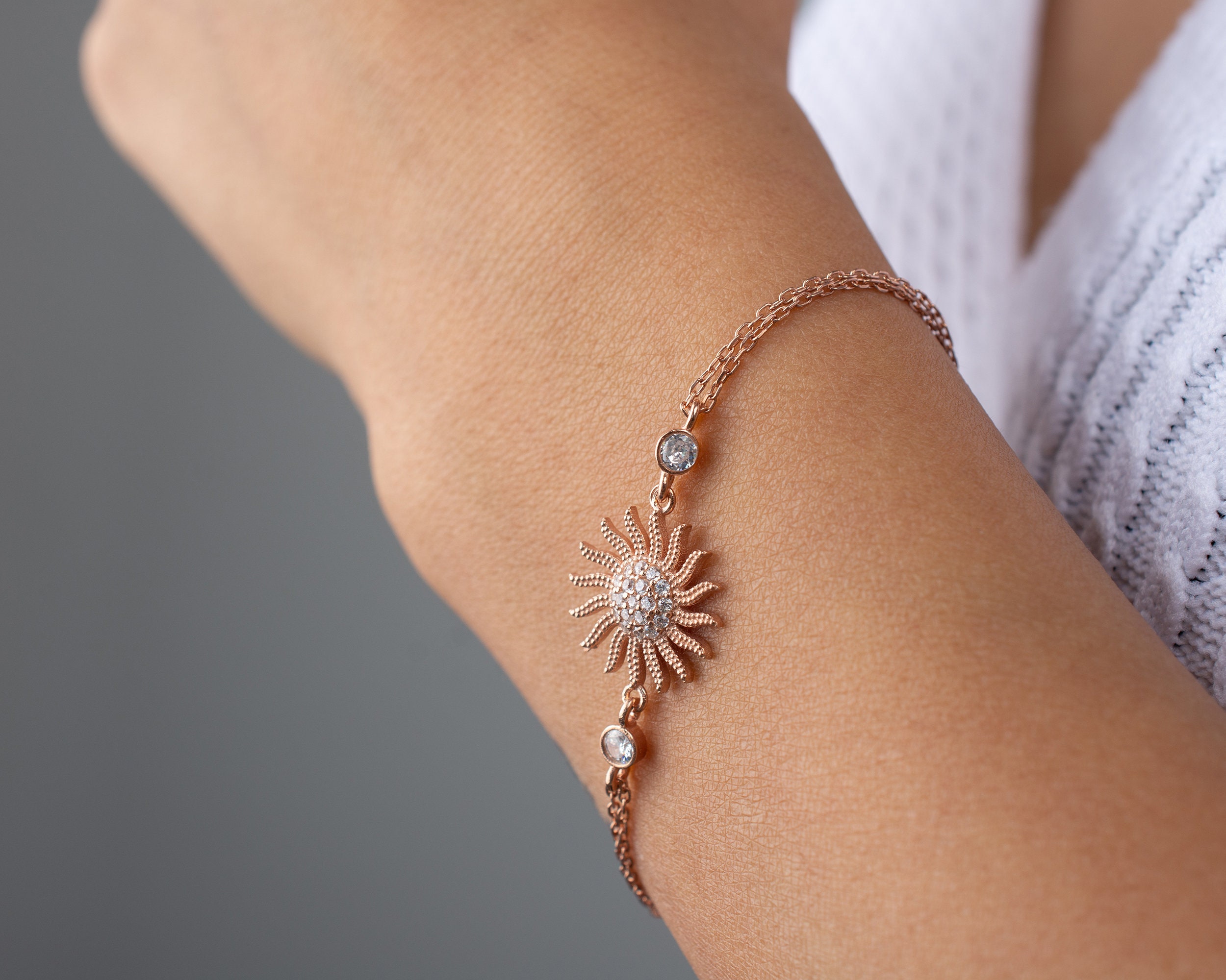 925 Sterling Silver Sun Bracelet, Zircon Stone Bracelet, Chain