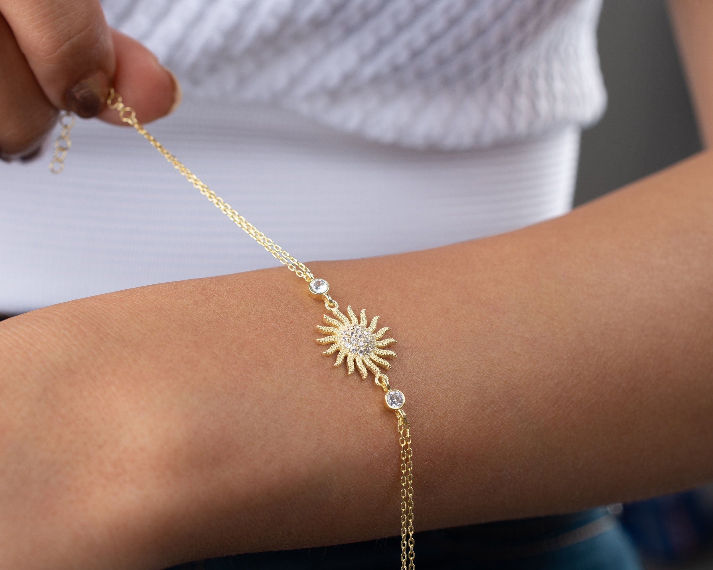 SILVER925 ITALY SUN BRACELET/シルバー/ブレスレット 925 Sterling Silver Sun Bracelet, Zircon Stone Bracelet, Chain