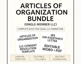 LLC Articles of Organization Template: Editable Single Member Formation Forms, Consent Resolution, EIN Letter