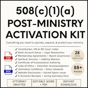 508c1a Ministry Activation Kit | 28 Legal Documents for Services Governance Membership Banking Donations and Ordination | Editable Word PDF