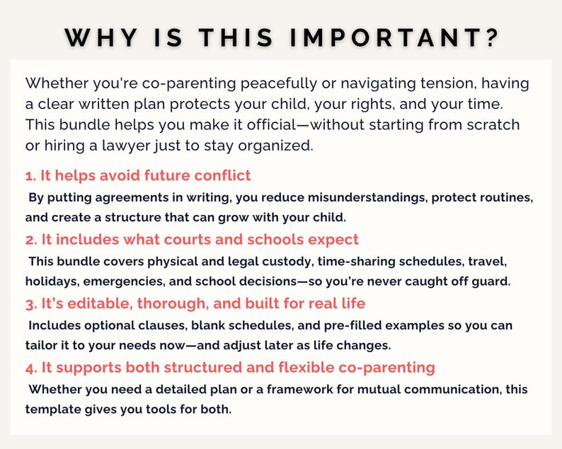 Child Custody Agreement: Court Ready Co Parenting Plan with Exhibits A–G, FL-341 Compatible