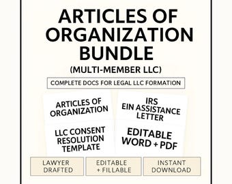 LLC Articles of Organization Template: Editable Multi Member Formation Forms, Consent Resolution, EIN Letter