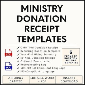508c1a Donation Receipt Template Bundle | One Time, Recurring, In Kind, Year End Summary | Ministry Giving Log | Donation Form I Word & PDF