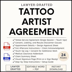 Tattoo Consent and Service Form | Editable Studio Waiver, Client Agreement, Aftercare, PMU and Touch Up Liability Form | PDF Word I Download