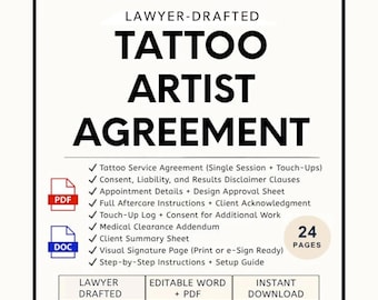 Tattoo Consent and Service Form | Editable Studio Waiver, Client Agreement, Aftercare Template (Word & PDF)