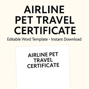 Plantilla de viaje para mascotas / Certificado veterinario de salud editable para viajes en avión o coche / Formulario PDF rellenable en Word / Descarga instantánea / Firma del veterinario