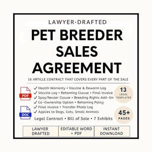 Pet Breeder Contract Template, Editable Puppy Sales Agreement, Health, Delivery, Spay Terms