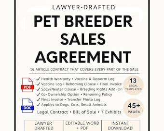 Pet Breeder Contract Template, Editable Puppy Sales Agreement, Health, Delivery, Spay Terms