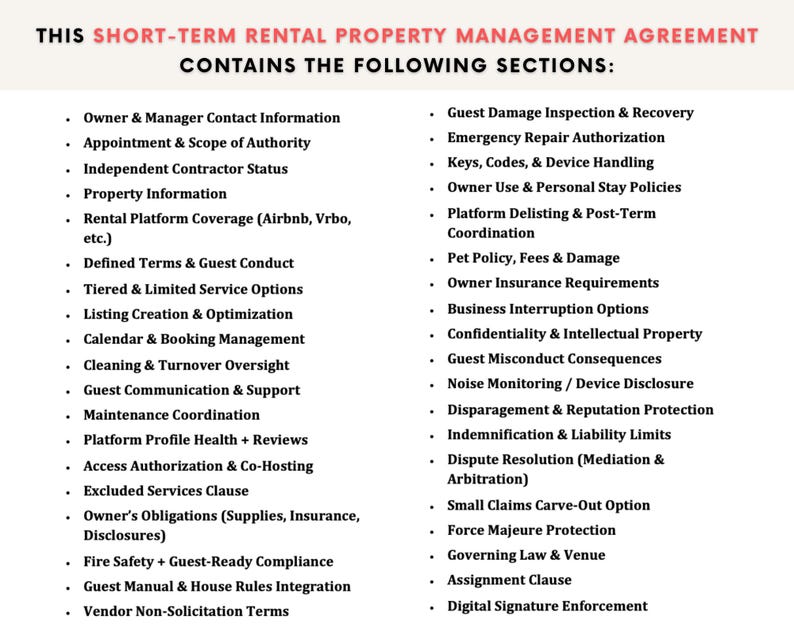 Airbnb Rental Property Management Agreement | VRBO Short Term Rental Co Host Contract | STR Property Manager Agreement I Editable PDF Word