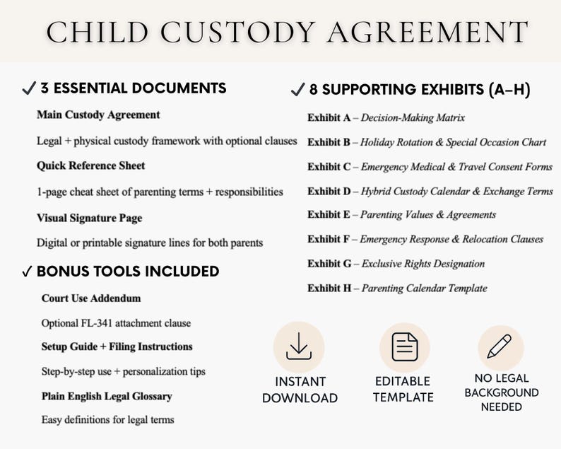 Child Custody Agreement: Court Ready Co Parenting Plan with Exhibits A–G, FL-341 Compatible
