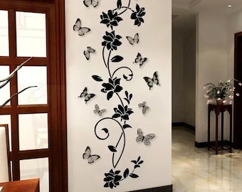 Black Flower Vine Butterfly Wall Sticker 3D Removable Wall Decal Bedroom Decor Floral Vine Wall Art Living Room Home Decoration