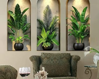 2D Watercolor Plant Wall Stickers, Realistic Potted Plants Wall Decal, Self Adhesive Vine Leaves, Living Room Bedroom Home Decor