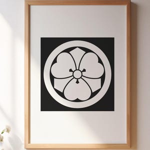 Japanisches Familienwappen, Schwert-Oxalis im Kreis, Samurai, traditionelles Muster, druckbares Poster, Wandbild, digitaler Download