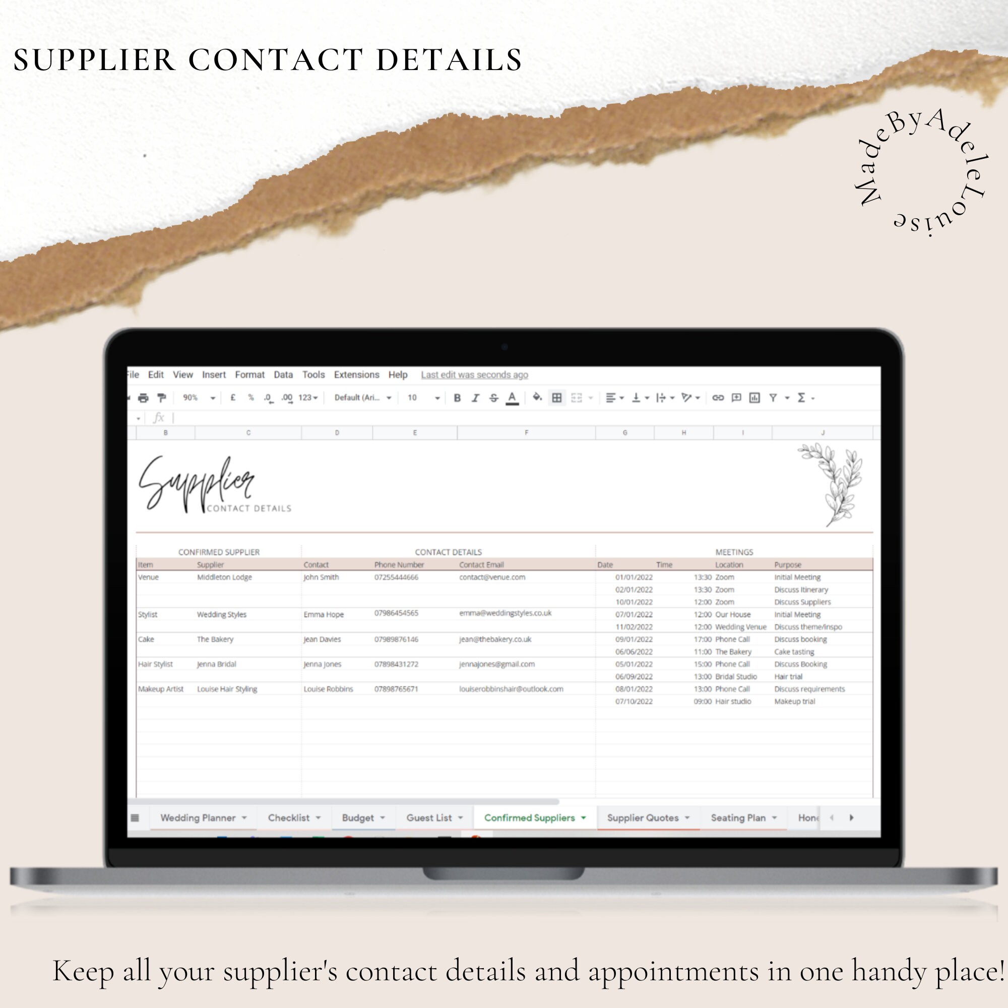 Vendor Information Spreadsheet for Weddings Events & Party - Etsy