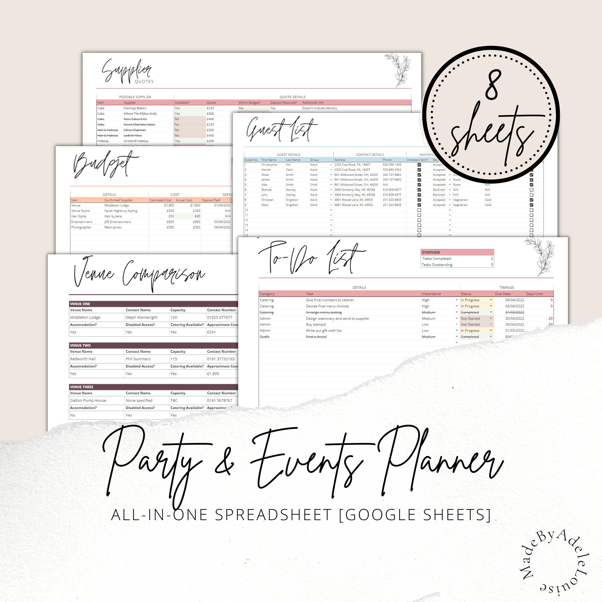 Event and Party Planning Spreadsheet // Google Sheets // Etsy