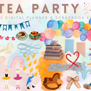 Puede incluir: Un kit de planificador digital y álbum de recortes con 93 elementos con un tema de fiesta del té. El kit incluye ilustraciones de acuarela de tazas de té, un caballito de balancín, un arcoíris, un ratón, una bailarina, un lazo, caramelos y más.