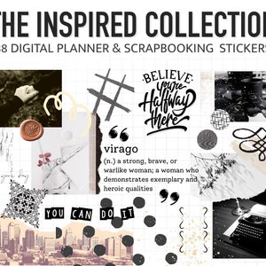 Inspiré d'autocollants d'agenda numérique, fichier Lookbook GoodNotes de magazine, album d'autocollants PNG individuels pour scrapbooking numérique, autocollants monochromes