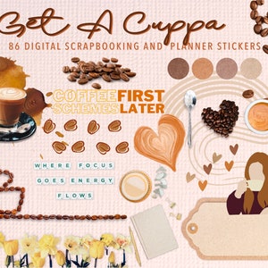 Adesivi per pianificatore digitale caffè, album di adesivi realistico Goodnotes per caffè espresso, lookbook di caffeina, scrapbooking digitale cappuccino, PNG individuale