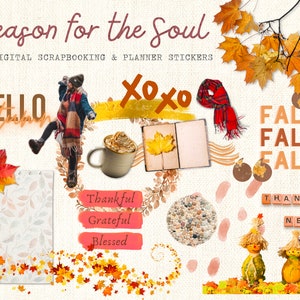May include: Digital planner stickers with a fall theme. The stickers feature images of leaves, a cup of coffee, a book, a woman in a scarf, and the words "Hello Autumn", "XOXO", "Fall Fall Fall", "Thankful Grateful Blessed", and "Thank U Next".