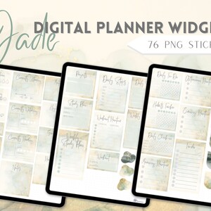 Op de afbeelding: Een set van 76 digitale plannerwidgets in PNG-formaat. De widgets zijn ontworpen in een lichtgroen en bruin kleurenschema met een aquareleffect. De widgets bevatten secties voor dagelijkse stappen, dagelijkse taken, ochtendroutine, avondroutine en meer.