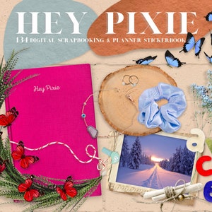 Digitaal scrapbookingstickerpakket vol. 6, bloemenbladeren en vlinders, frame sieraden deco, realistisch digitaal planner element stickerboek