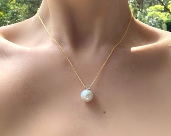 Genuine South Sea Pearl Necklace, s925 and 18K Gold Plated necklace, Detachable Peal Pendant gold filled, Moissanite diamond, 3 sizes