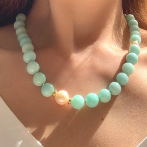 Stunning Amazonite fresh water pearl Necklace, Genuine Amazonite and fresh water pearl, gift, gold filled, 12mm, Hope and Healing stone