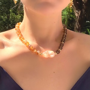 Gorgeous Citrine, Smoke Quartz and Baroque Pearl Necklace, gift, gold filled, Powerful Healing