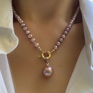 Natural Metallic Edison Multi-colored Round Pearl Necklace, Purple candy, 7 MM, ultra high lust, Gold Filled Clasp, gift